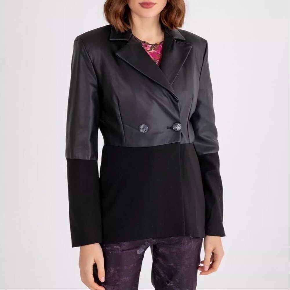 Isle by Melis Kozan Women's Black Vegan Leather Blazer Suit Jacket Small NWT